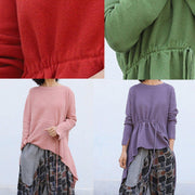 Winter o neck pink knitted blouse plus size clothing drawstring asymmetric top - SooLinen