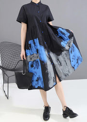Woman Summer Black Vintage Shirt Lady Casual Midi Dress - SooLinen