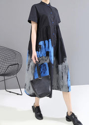 Woman Summer Black Vintage Shirt Lady Casual Midi Dress - SooLinen