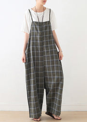 Frauen Baggy Green Plaid Cotton Spaghetti Strap Jumpsuit Sommer