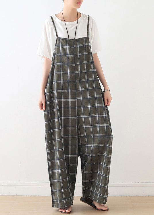Frauen Baggy Green Plaid Cotton Spaghetti Strap Jumpsuit Sommer