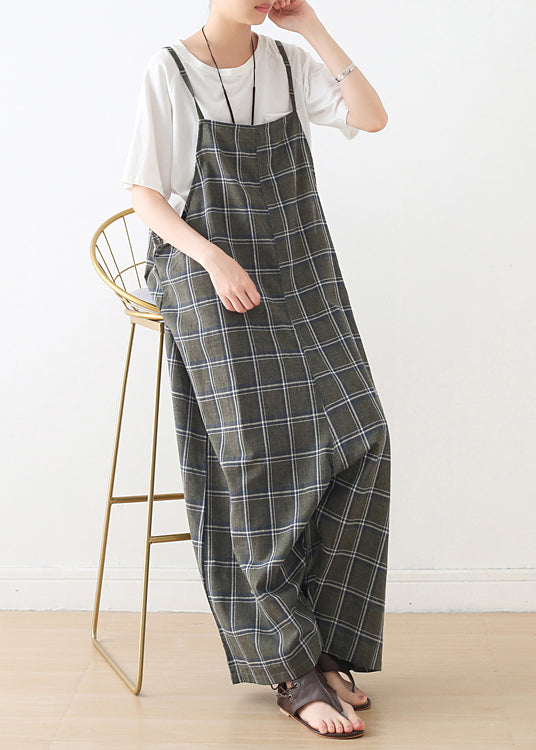 Frauen Baggy Green Plaid Cotton Spaghetti Strap Jumpsuit Sommer