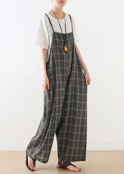 Frauen Baggy Green Plaid Cotton Spaghetti Strap Jumpsuit Sommer