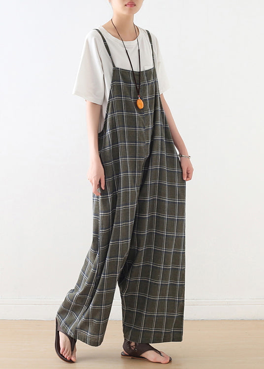 Frauen Baggy Green Plaid Cotton Spaghetti Strap Jumpsuit Sommer