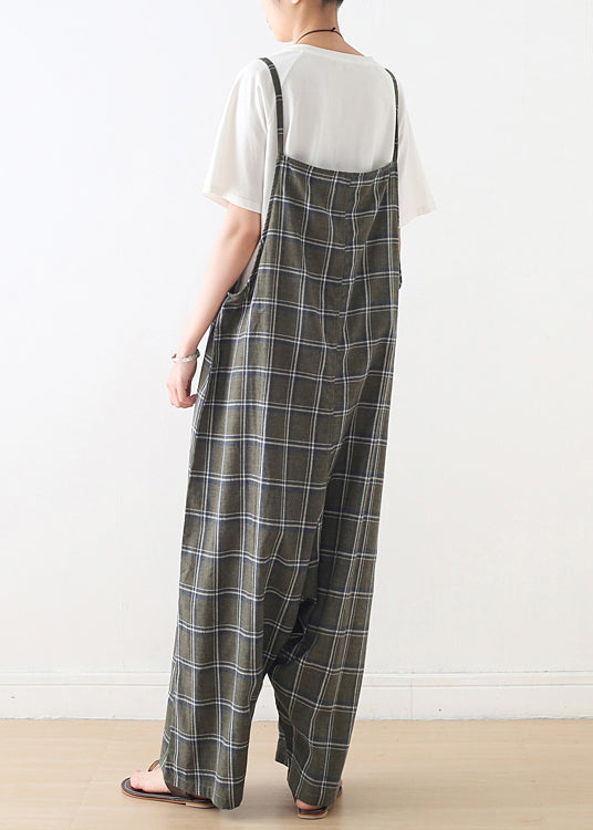 Frauen Baggy Green Plaid Cotton Spaghetti Strap Jumpsuit Sommer