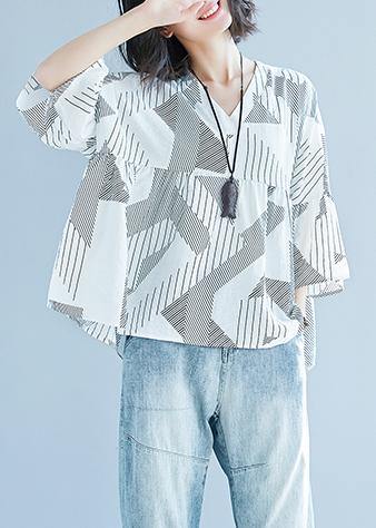 Women Batwing Sleeve v neck cotton Shirts Pakistani Shape white striped baggy shirts Summer - SooLinen