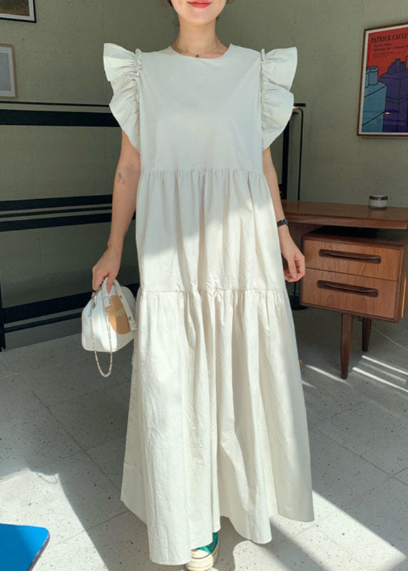 Frauen beige Patchwork-Baumwollkleid Schmetterlingsärmel