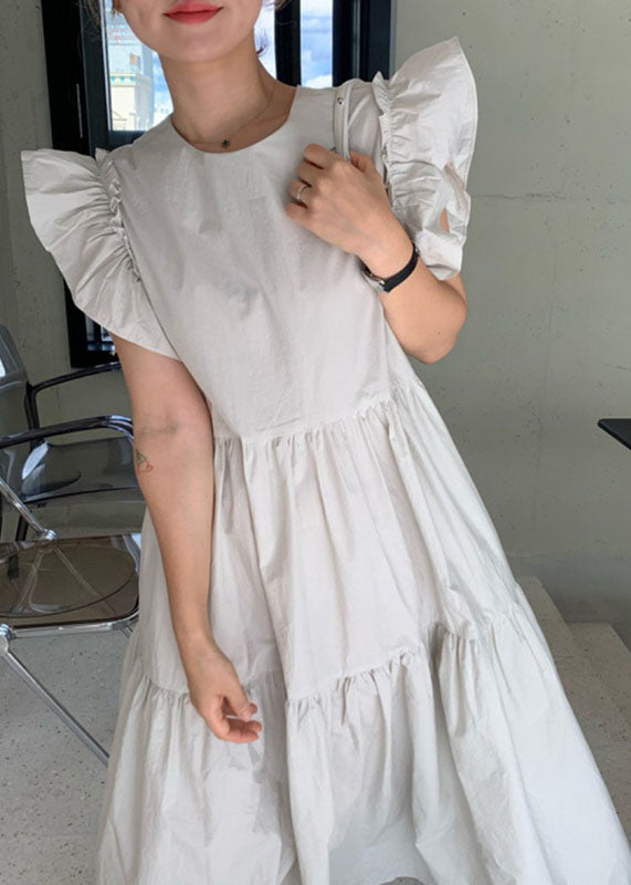 Frauen beige Patchwork-Baumwollkleid Schmetterlingsärmel