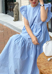 Frauen beige Patchwork-Baumwollkleid Schmetterlingsärmel