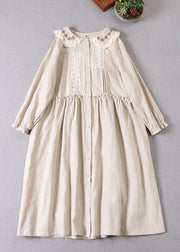 Frauen Beige Bubikragen Rüschen Leinenkleid Frühling