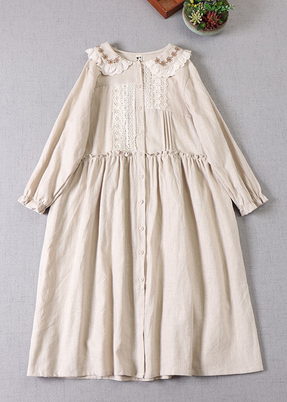 Frauen Beige Bubikragen Rüschen Leinenkleid Frühling