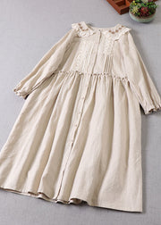 Frauen Beige Bubikragen Rüschen Leinenkleid Frühling