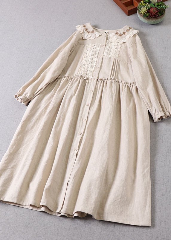 Frauen Beige Bubikragen Rüschen Leinenkleid Frühling