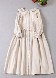 Frauen Beige Bubikragen Rüschen Leinenkleid Frühling