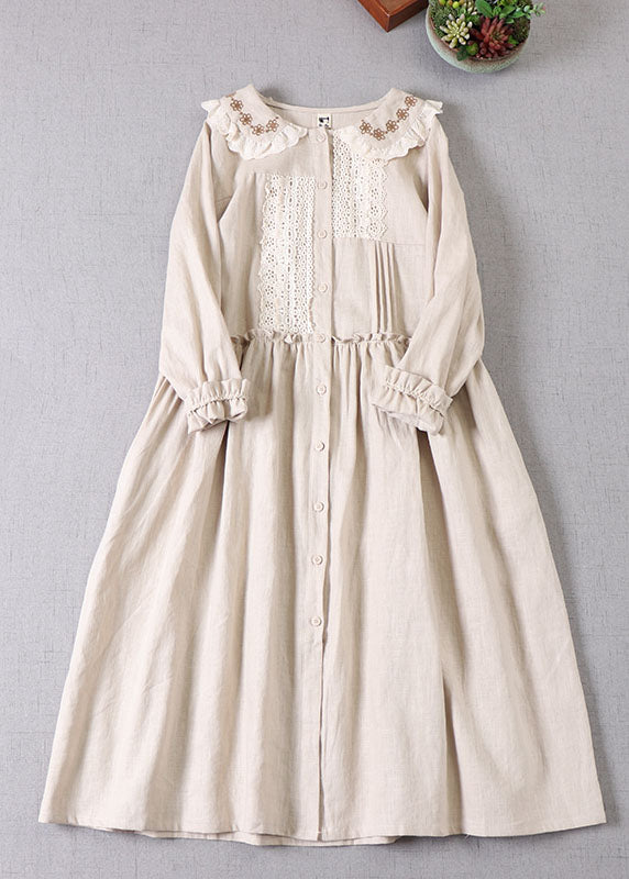 Frauen Beige Bubikragen Rüschen Leinenkleid Frühling