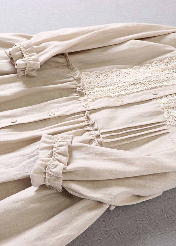 Frauen Beige Bubikragen Rüschen Leinenkleid Frühling
