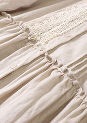 Frauen Beige Bubikragen Rüschen Leinenkleid Frühling