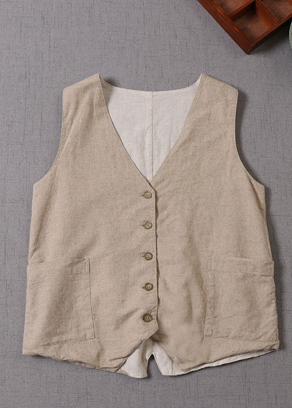 Women Beige V Neck Button Patchwork Sleeveless Tank Tops