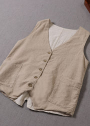 Women Beige V Neck Button Patchwork Sleeveless Tank Tops