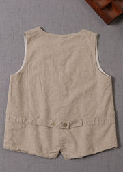 Women Beige V Neck Button Patchwork Sleeveless Tank Tops