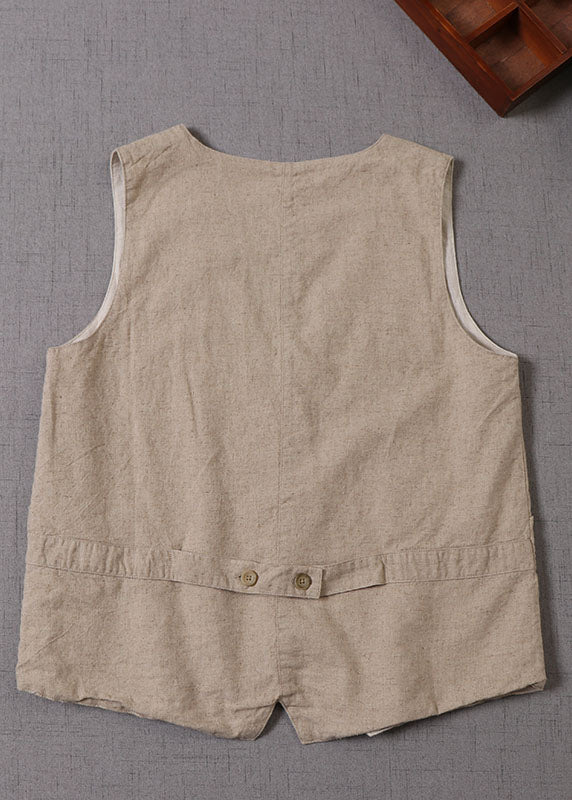 Women Beige V Neck Button Patchwork Sleeveless Tank Tops