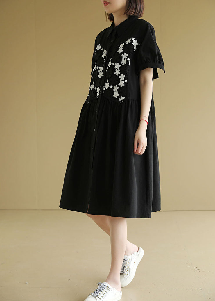 Women Black Button Peter Pan Collar Embroideried Cotton Shirt Pleated Dress Short Sleeve