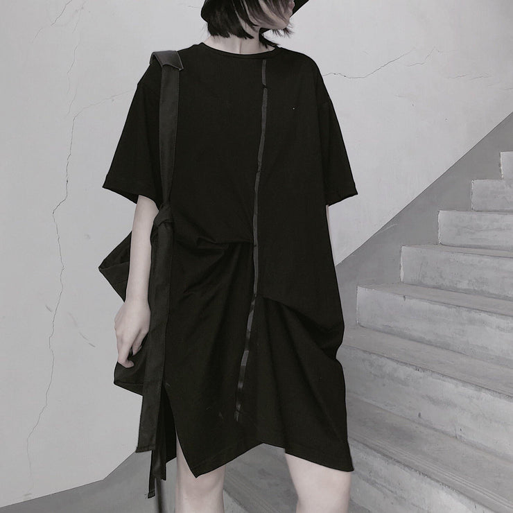 Women Black Clothes O Neck Half Sleeve Spring Dress - SooLinen