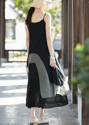 Women Black Colorblock Sied Open Cotton Spaghetti Strap Dresses Summer