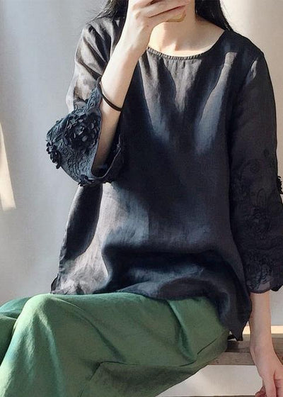 Women Black Embroidery Tunics O Neck Plus Size Clothing Tops - SooLinen