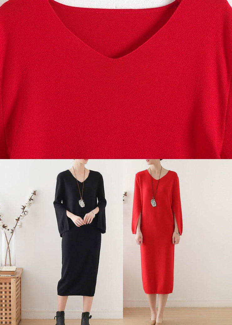 Women Black Long Sleeve Fall Slim fit Knit Dress - SooLinen