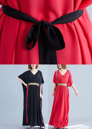 Women Black Loose V Neck Bat Wing Sleeve Summer Vacation Dress - SooLinen