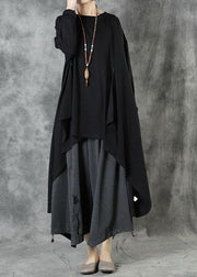 Women Black O-Neck Asymmetrical Design Fall Top Long Sleeve - SooLinen