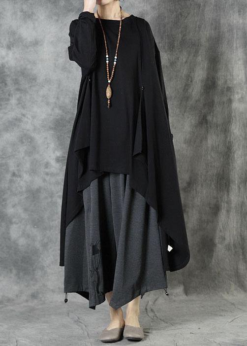 Women Black O-Neck Asymmetrical Design Fall Top Long Sleeve - SooLinen