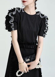 Women Black O-Neck Asymmetrical Design Patchwork Summer Cotton Sundress - SooLinen