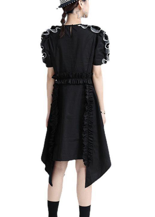 Women Black O-Neck Asymmetrical Design Patchwork Summer Cotton Sundress - SooLinen