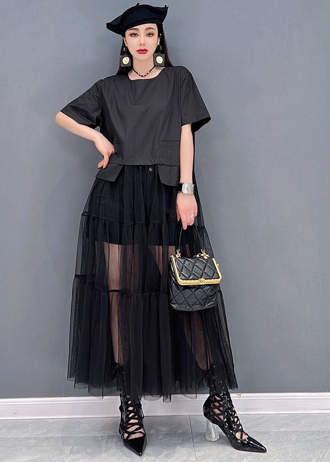 Frauen Schwarz O-Neck Patchwork Tüll Langes Kleid Kurzarm