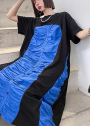 Women Black Patchwork Blue O-Neck Long Summer Cotton Dress - SooLinen