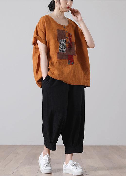 Women Black Patchwork Shirt Short Sleeve Cotton Linen - SooLinen