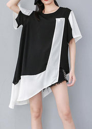 Women Black Personality Loose clothes Casual  Spliced Irregular Chiffon T-Shirt - SooLinen