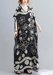 Women Black Print V Neck Batwing Sleeve Robe Spring Dress - SooLinen