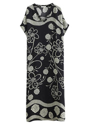 Women Black Print V Neck Batwing Sleeve Robe Spring Dress - SooLinen