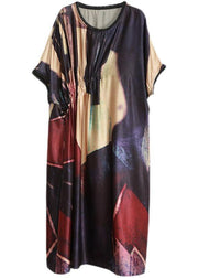 Women Black Print Silk Party Dress Batwing Sleeve - SooLinen