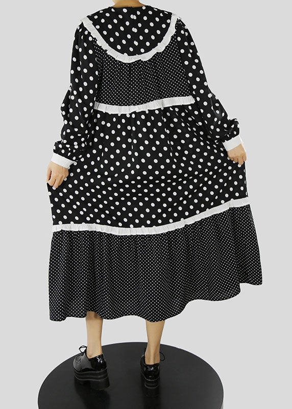 Women Black Ruffles Zip Up dot Patchwork Maxi Dresses Spring