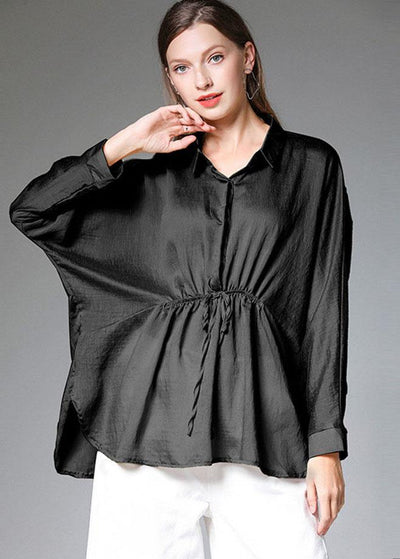 Women Black Wrinkled Tie Waist Fall Blouses Long Sleeve - SooLinen