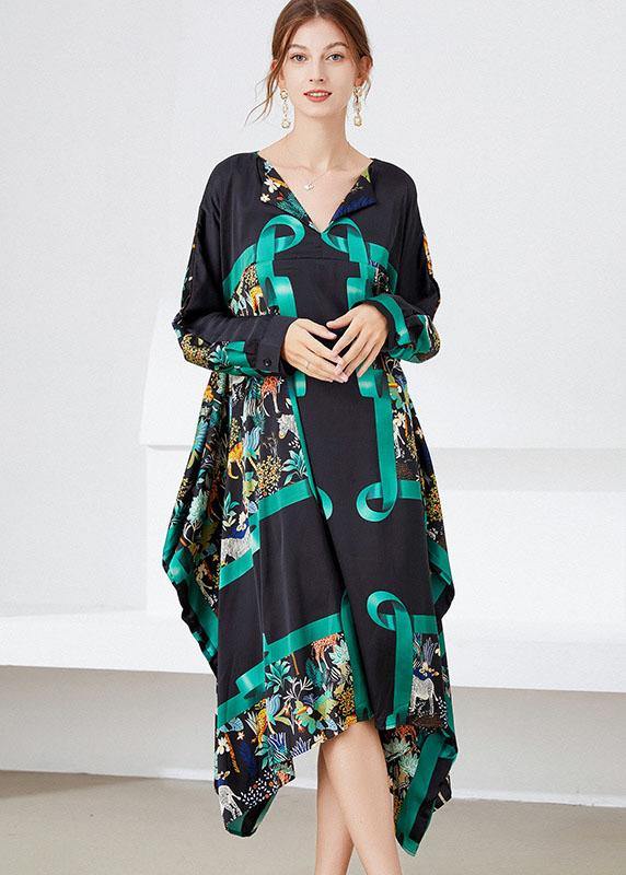 Women Black Yellow Print Loose Asymmetrical Design Fall Holiday Dress Long Sleeve - SooLinen