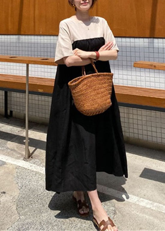 Damen Schwarzes, seitlich offenes Patchwork-Kleid mit kurzen Ärmeln