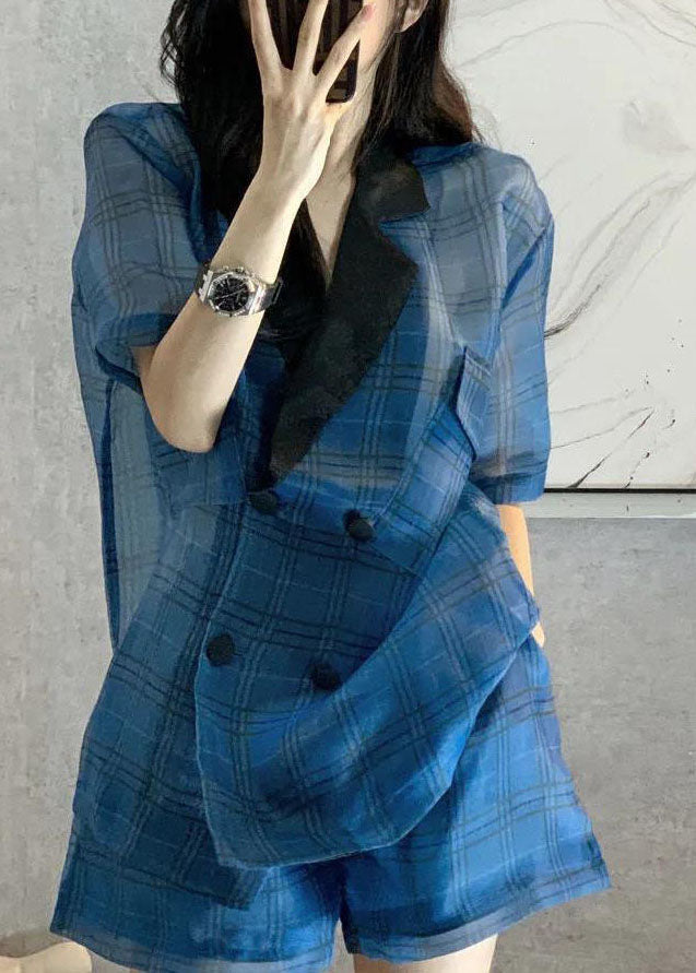 Frauen Blue Peter Pan Collar Plaid Patchwork Top Hotpants Zweiteiler Kurzarm