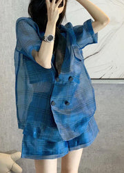 Frauen Blue Peter Pan Collar Plaid Patchwork Top Hotpants Zweiteiler Kurzarm