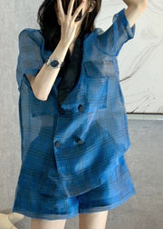 Frauen Blue Peter Pan Collar Plaid Patchwork Top Hotpants Zweiteiler Kurzarm
