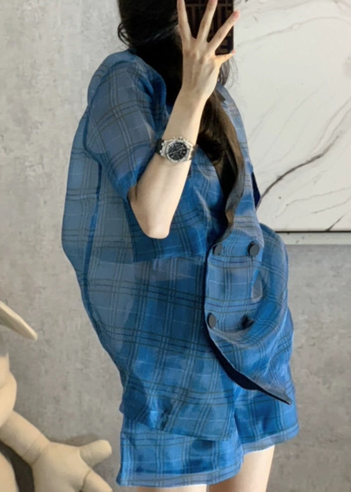 Frauen Blue Peter Pan Collar Plaid Patchwork Top Hotpants Zweiteiler Kurzarm